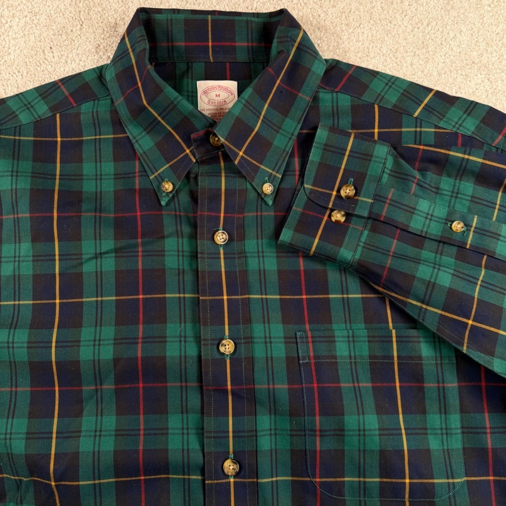 Brooks Brothers Mens Medium Green Plaid Non-Iron Supima Cotton Regular Fit Shirt